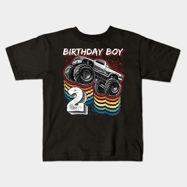 Birthday Boy 2 Monster Truck 2nd Birthday Retro Vintage Gift Kids T-Shirt by elmiragokoryan